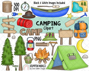 Camping Clipart - Backpacking Clip Art - Hiking - Campfire - Summer Camp - Outdoors Nature - Woodlands - Forest - Trees - Tents