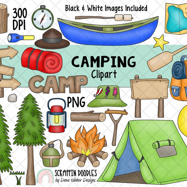 Camping Clipart - Backpacking Clip Art - Hiking - Campfire - Summer Camp - Outdoors Nature - Woodlands - Forest - Trees - Tents