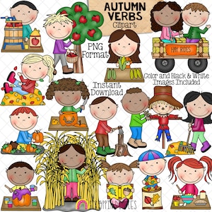 Puede incluir: Un conjunto de 16 ilustraciones de dibujos animados coloridos que representan a niños realizando diversas actividades de otoño, como recoger manzanas, tallar calabazas, rastrillar hojas y leer libros. Las ilustraciones están en un estilo simple e infantil y son perfectas para usar en materiales educativos, decoraciones de aula o proyectos de manualidades. El texto "Autumn Verbs Clipart" está incluido en la imagen.
