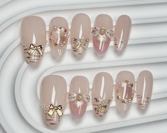 Artisan Diamond & Pearl Cat Eye Nails in Detailed Hand-Painted Luxury Gentle Aesthetic Bow Nails Set