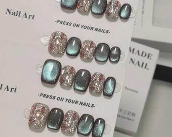 Hand-Painted Shimmer with Bling Diamond Accents , Magnetic Gold & Velvet Nail Art
