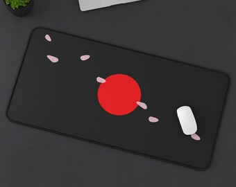 Red Sun with Cherry Blossom Petals Desk Mat | Minimal Japanese Moonrise Mousepad