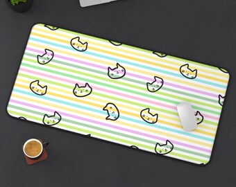 Pastel Striped Cat Faces Desk Mat | Playful Kitty Pattern Mousepad