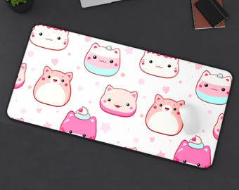Kawaii Pastel Animal Desk Mat | Pink Cat Hamster Pattern, Non-Slip Neoprene Base