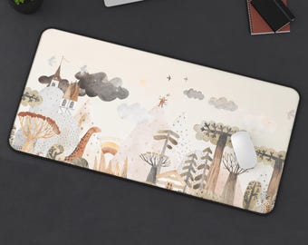 Whimsical Forest Castle Desk Mat | Neutral Woodland Animals Mouse Pad