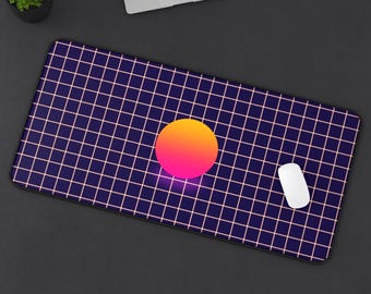 Retro Grid Sunset Desk Mat | Vaporwave Neon Sun Mousepad