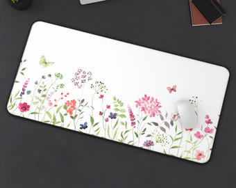 Wildflower Meadow Desk Mat | Floral Mouse Pad, Pastel Garden Butterflies