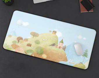 Pastel Hill Village Desk Mat | Landscape Mouse Pad, Neoprene Workspace Accessory