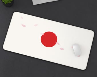Red Sun with Cherry Blossom Petals Desk Mat | Minimal Japanese Inspired
