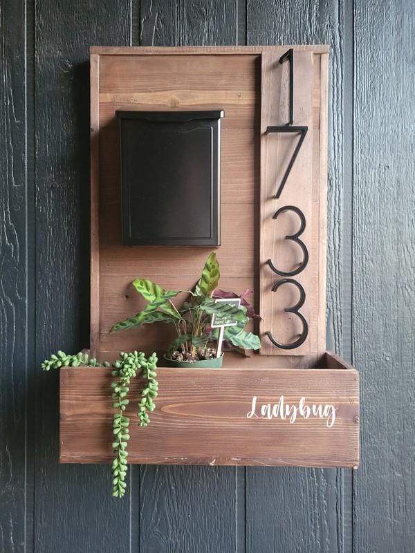 Rustic Address Sign With Planter Box and Mailbox. Wood Address