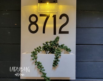 Rustic Address sign with planter box and solarlight.  Wood address sign. Address panel. House wood sign. Address box.