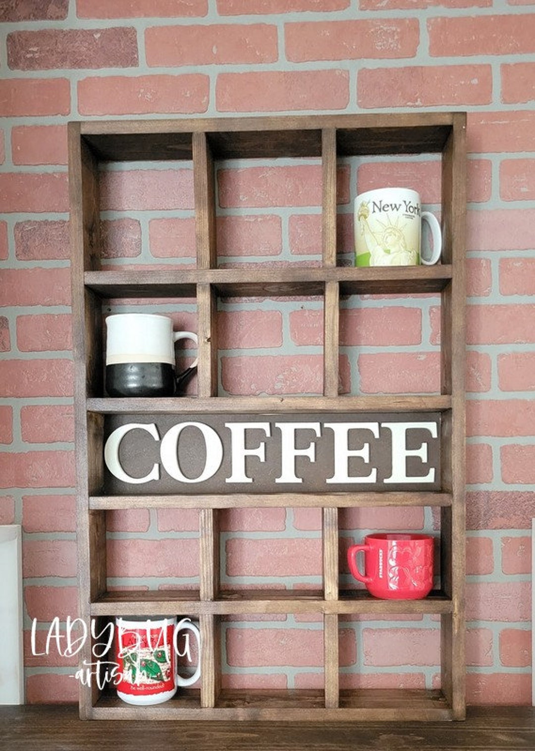 Floating Shelf With Coffee Mug Hooks Stained FREE SHIPPING 