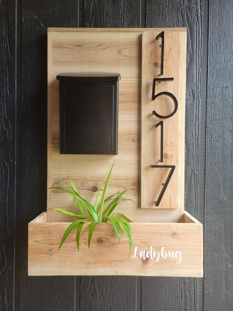 Rustic Address sign with planter box and Mailbox. Wood address sign. Address panel. House wood sign. Address box.