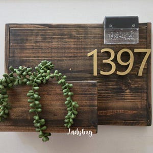 Könnte beinhalten: Ein hölzernes Adressschild mit der goldenen Nummer 1397. Das Schild hat einen eingebauten Pflanzkasten mit grünen Sukkulenten und eine Solarleuchte. Das Holz ist dunkelbraun gebeizt.