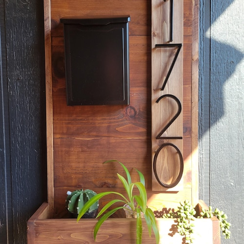 Rustic Address Sign With Planter Box and Mailbox. Wood Address