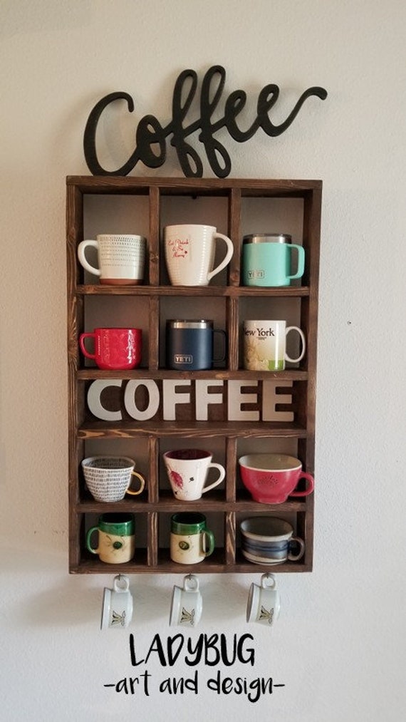 Floating Shelf With Coffee Mug Hooks Stained FREE SHIPPING 