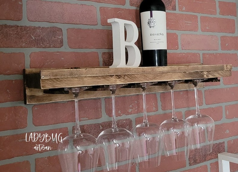 Rustic Wall Mounted Solid Wood Wine Glass Rack and Shelf. Home Etsy
