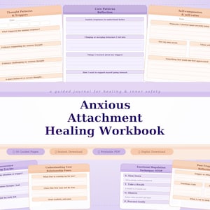 May include: A digital workbook, "Anxious Attachment Healing Workbook", designed for self-reflection and healing. The layout features sections like "Thought Patterns & Triggers" and "Emotional Regulation Technique: STOP", in a purple and peach colour scheme.