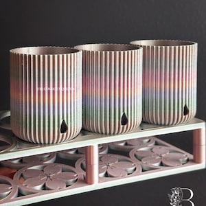 Könnte beinhalten: Drei zylindrische Pflanzgefäße mit vertikalen Rillen und einem Farbverlauf aus Rosa, Grün und Lila. Die Pflanzgefäße stehen auf einem dekorativen Regal mit Blumenausschnitten. Der Text "BLOOMBOUTIQUEPDX" ist sichtbar.