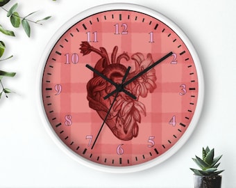 Anatomical Heart Wall Clock | Original Hand-Drawn Heart Clock | Pink Gingham Wall Decor | Medical Art Clock | Nurse Gift | Silent Wall Clock