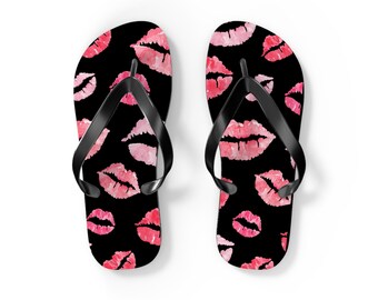 Pink Lipstick Kiss Pattern Flip Flops | Valentine Summer Beach Sandals