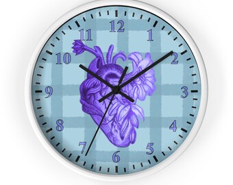 Purple Anatomical Heart Wall Clock | Original Hand-Drawn Anatomy Clock | Blue Gingham Wall Décor | Nurse Gift | Medical Art