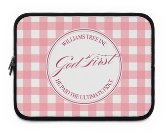 God First Pink Gingham Laptop Sleeve | Christian Laptop Case | Faith Laptop Sleeve | Neoprene Laptop Cover | Christian Gift for Women