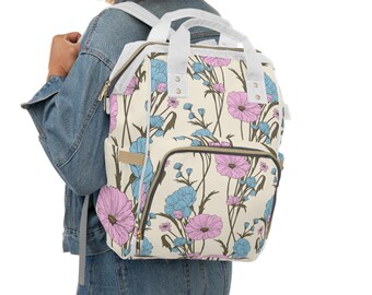 Wildflower Diaper Bag Backpack | Floral Baby Bag | Pink & Blue Mom Backpack | Baby Shower Gift