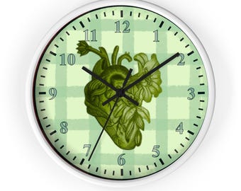 Green Anatomical Heart Wall Clock | Original Hand-Drawn Anatomy Art | Silent Nurse Clock | Medical Student Gift | Sage Gingham Decor