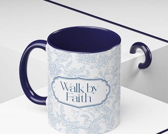 Personalized Walk by Faith Mug | Custom Christian Coffee Mug | Blue Floral Ceramic Mug | Faith Gift | Personalized Name Mug | 11oz & 15oz