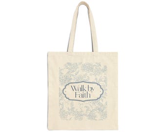 Walk By Faith tote bag | Scripture quote canvas tote | Floral vintage faith design