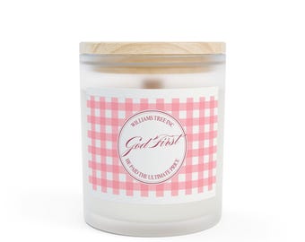 God First pink gingham label Candle | Frosted glass, 11oz