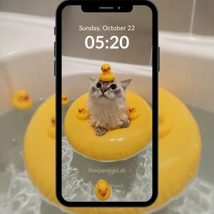 May include: A smartphone screen displays a cat in a yellow inflatable ring in a bathtub. The cat has a rubber ducky on its head and is surrounded by more rubber duckies. The screen shows the date and time.