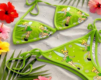 Tinker Bell Bikini Set Women Disney Fairy Swimsuit Green Cute Cartoon Beachwear Summer Bikini