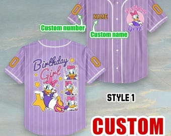 Birthday Girl Daisy Cartoon Baseball Jersey – Purple Striped Custom Name Button-Up Shirt for Kids