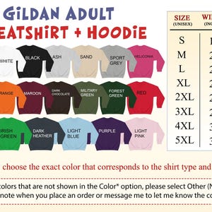 The image is a collage of various colored sweatshirts and hoodies, along with size and width information for each color. The image also includes a color selection guide for choosing the exact color that corresponds to the shirt type and brand.