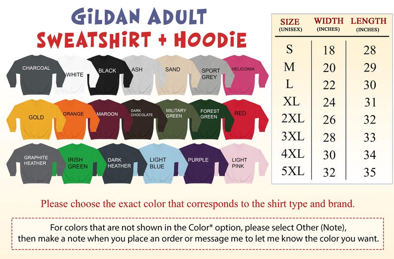 The image is a collage of various colored sweatshirts and hoodies, along with size and width information for each color. The image also includes a color selection guide for choosing the exact color that corresponds to the shirt type and brand.