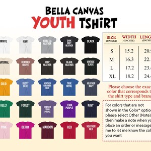 The image is a collage of various t-shirt designs in different colors, including white, black, and shades of brown, as well as a size chart for the youth t-shirt.