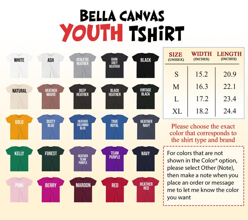 The image is a collage of various t-shirt designs in different colors, including white, black, and shades of brown, as well as a size chart for the youth t-shirt.