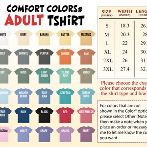 The image is a color swatch for an adult t-shirt, displaying various colors and sizes available in the brand's collection.