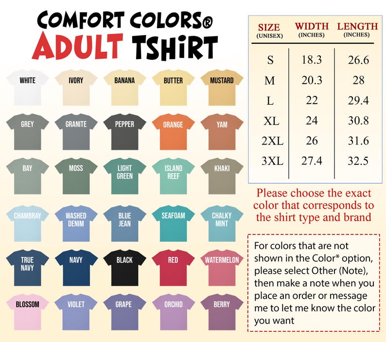 The image is a color swatch for an adult t-shirt, displaying various colors and sizes available in the brand's collection.