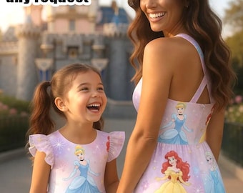 Custom Disney Princess Mommy and Me Dress Cinderella Belle Ariel Rapunzel Matching Outfit Personalized Princess Twirl Dresses Mom Daughter