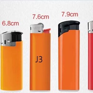 May include: A collection of lighters in various colors, including blue, orange, and red, with measurements in centimeters. The lighters range in size from 6 cm to 8.1 cm. Each lighter has a different model number, such as J5, J3, and J6.