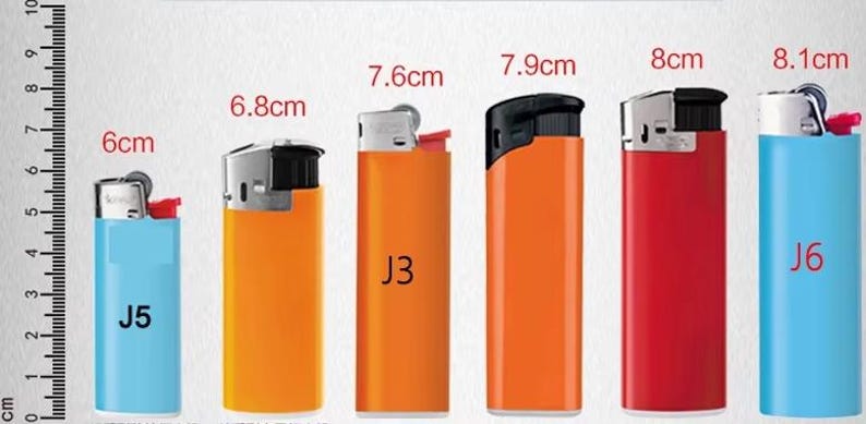 May include: A collection of lighters in various colors, including blue, orange, and red, with measurements in centimeters. The lighters range in size from 6 cm to 8.1 cm. Each lighter has a different model number, such as J5, J3, and J6.