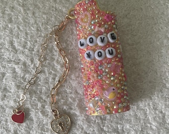 Customizable Bedazzled Lighter J6 sleeve w/ keychain, charm, personalized word/name/phrase
