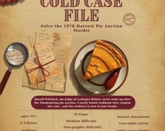 Cold case file | 1978 harvest pie auction murder mystery | Printable detective game | Date night game | Cozy true crime | Instant download