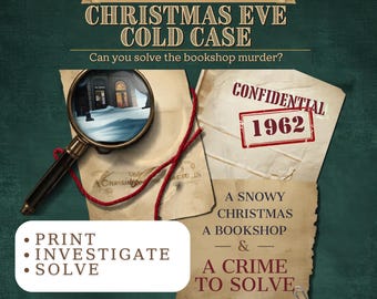 Cold case file Christmas murder mystery game, 1962 bookshop printable detective game, date night game, instant download