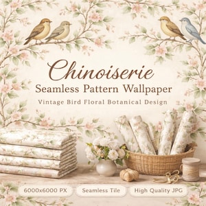 Może przedstawiać: Tapeta w stylu vintage z bezszwowym wzorem. Projekt przedstawia ptaki siedzące na kwitnących gałęziach, ze słowem "Chinoiserie". Widoczne są również rolki tapet i stos złożonej tapety.