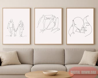 Juego de 3 impresiones familiares de arte lineal, decoración minimalista para guardería, mamá, papá y bebé