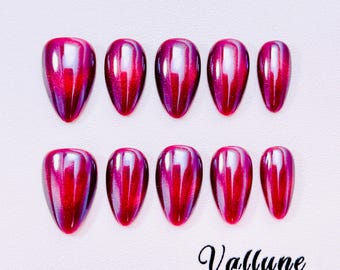 Unhas Postiças Olho de Gato Vermelhas | Unhas Amêndoa Aveludadas Vermelho Cereja | Unhas Postiças Cromadas Magnéticas | Conjunto de Unhas Vermelhas Brilhantes